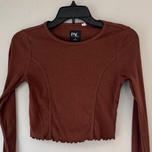 PacSun Chocolate Brown  Long Sleeve Crop Top with Lettuce Edge